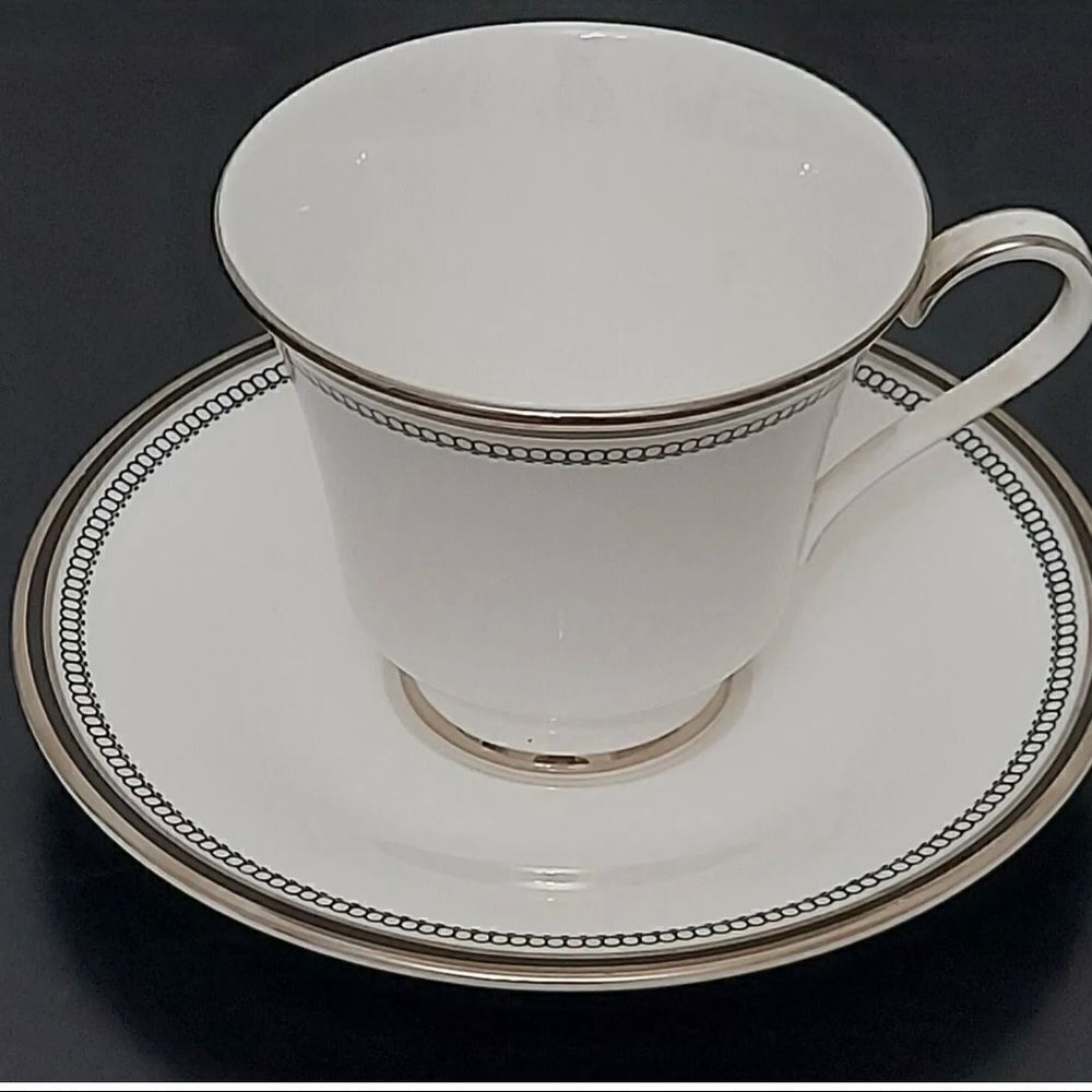 ROYAL DOULTON Sarabande Teacup Saucer White Bone China Platinum Trim